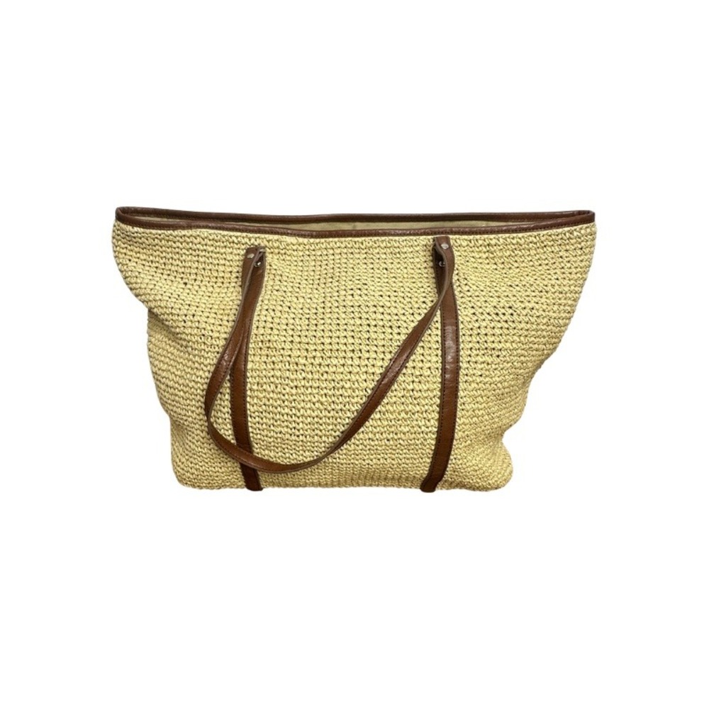 Banana Republic Woven Straw Tote Bag Brown Trim Large Beach Shoulder Bag Tan